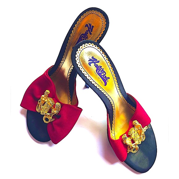 Hale Bob Red Suede Gold Mermaid Peep Toe Pumps Heels - Picture 1 of 12